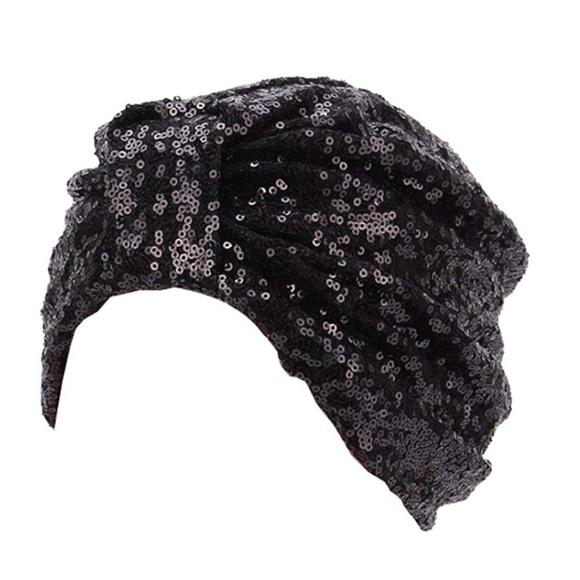 Black Sequin Turban Headpiece - Picture 2 of 5